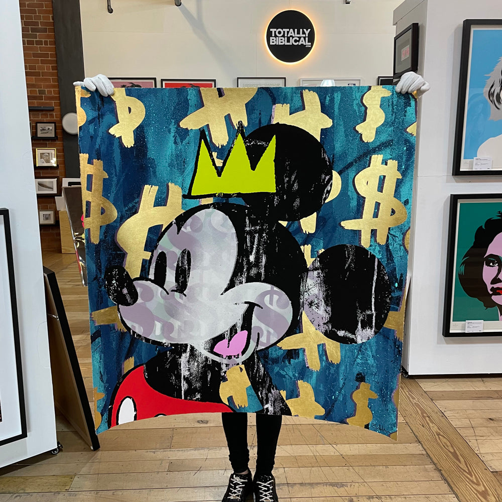 Abstract Mickey Mouse with a yellow crown and golden dollar signs in the background