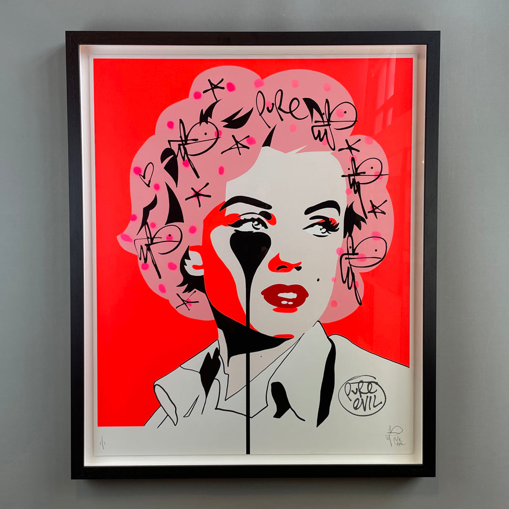 A portrait of Marilyn Monroe in a contemporary style, featuring black paint dripping from her eye onto a red background. The image showcases an artistic representation of Marilyn Monroe, highlighting her beauty and individuality.