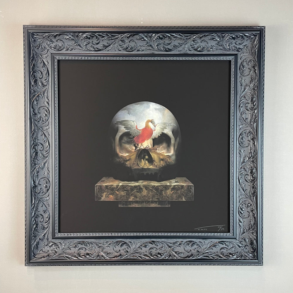Skull with bird wings and marble base on black background in silver patterned frame