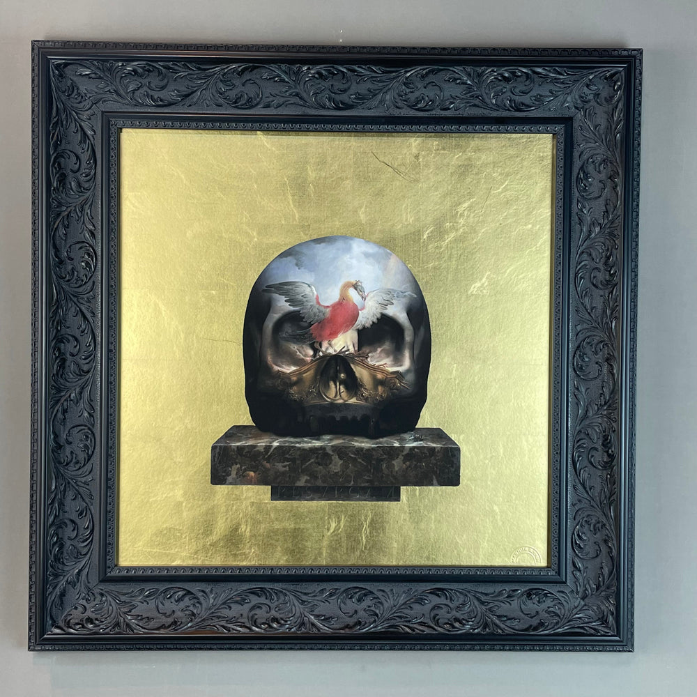 Skull with bird wings and marble base on gold leaf background