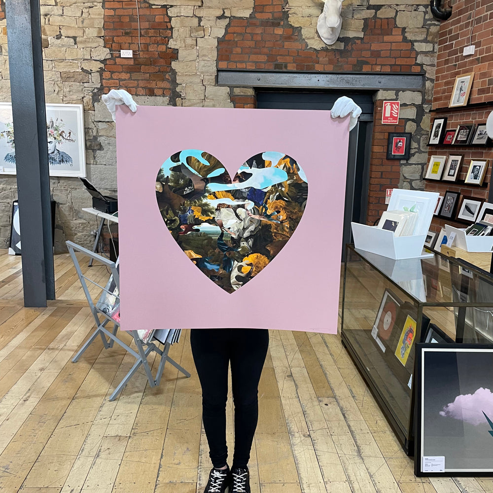 Colourful abstract art, within a heart on a square pink background