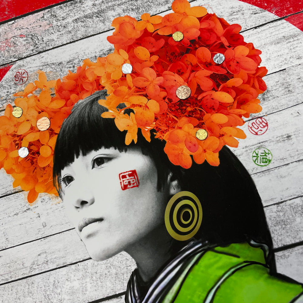 Close of up Asian woman with orange flowers