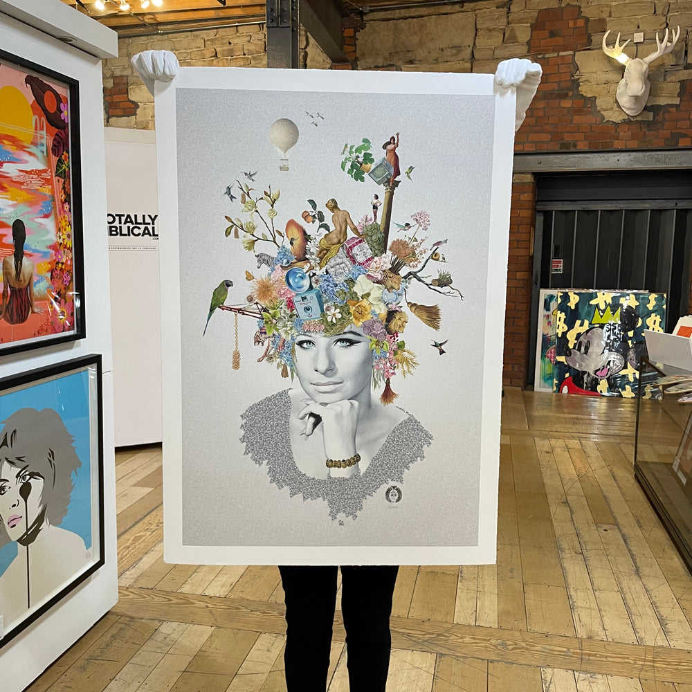 Maria Rivans Objects Portrait of Barbra Streisand in black and white, with colorful objects ...