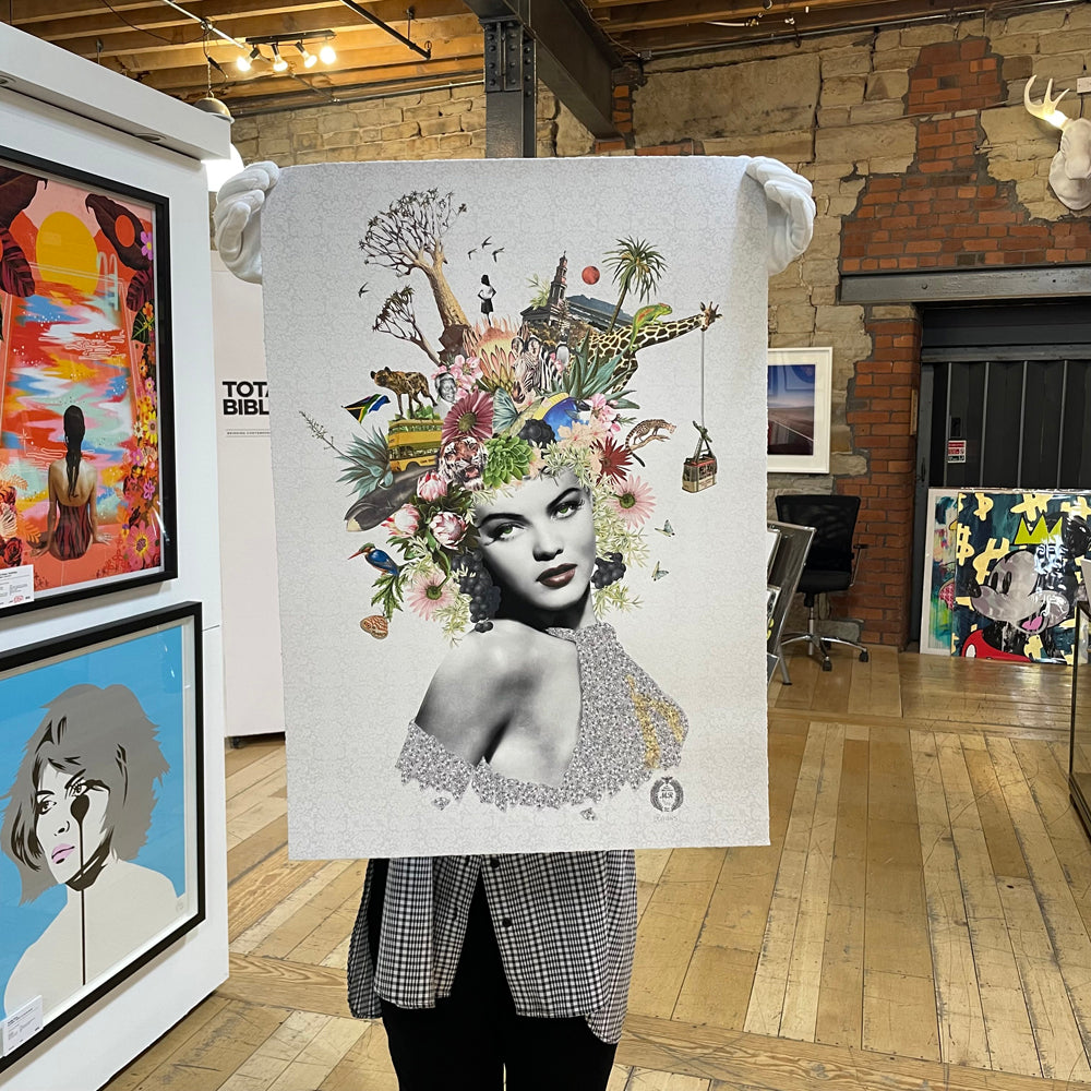 The artwork features a collage of vintage images including a woman's face, a bird, a flower, and a butterfly against a colorful background